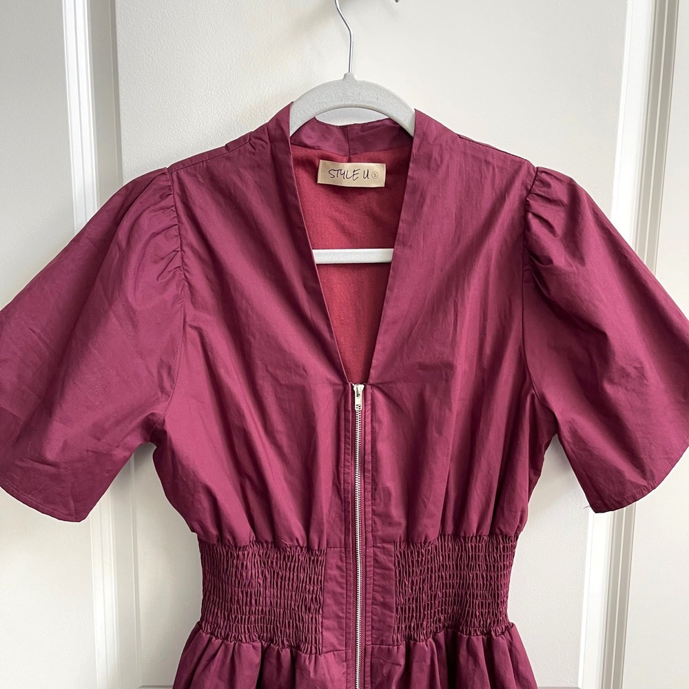 Style U Midi Dress Women Small Plum Smocked Waist Zip Front Cotton Puff Sleeve - Picture 4 of 10